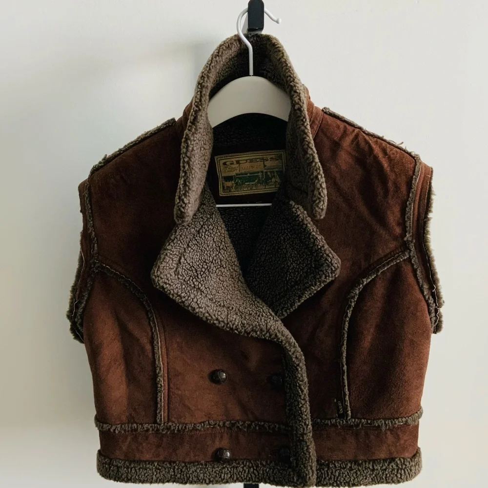 Vintage Guess Brown Suede Sherpa Lined Double Breasted Cropped Vest Jacket L